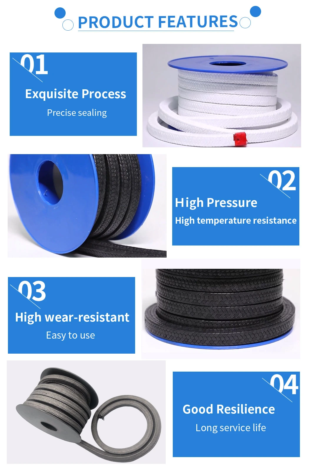 High Pressure High Temperature Resistance Pump Mechanical Seal Joint Gland Pack Braided Black Graphite PTFE Gland Packing